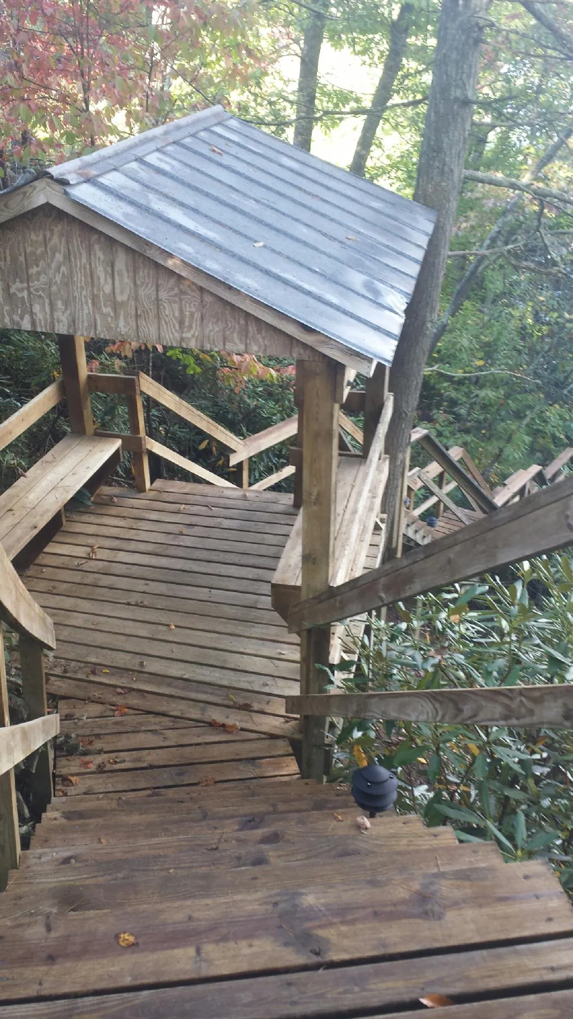 Metal roofed shelter over wooden steps on a wooded walkway — Skylight Repair & Installation work by our crew in Falls Of Rough